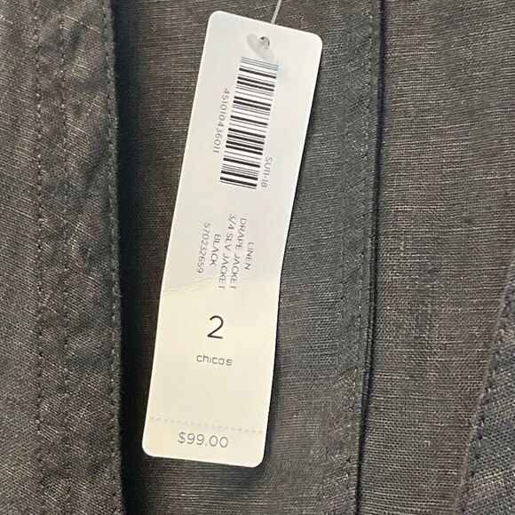 NWT CHICO'S Linen Jacket Size 2/Large Black Drape Open Front 3/4 Sleeve New - Picture 6 of 13